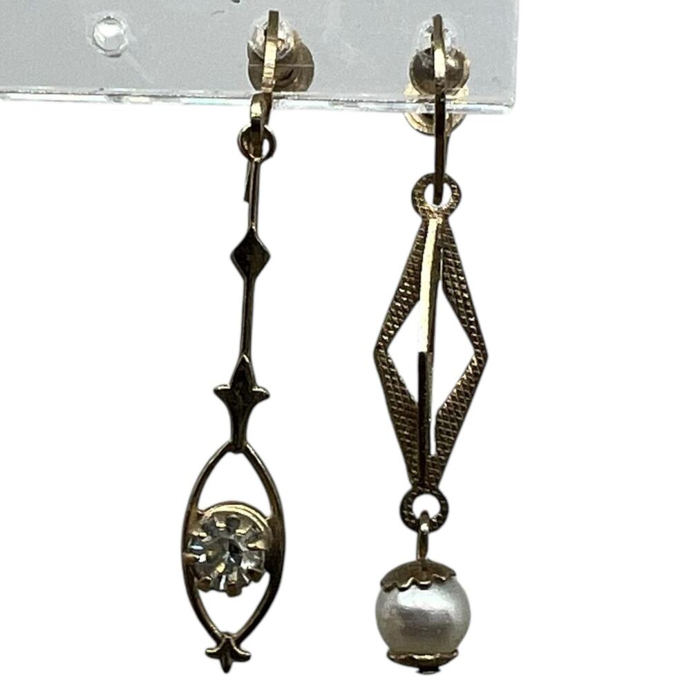 Vintage Gold Pearl Gem Drop Earrings Art Deco Screw Back Clips asymmetrical